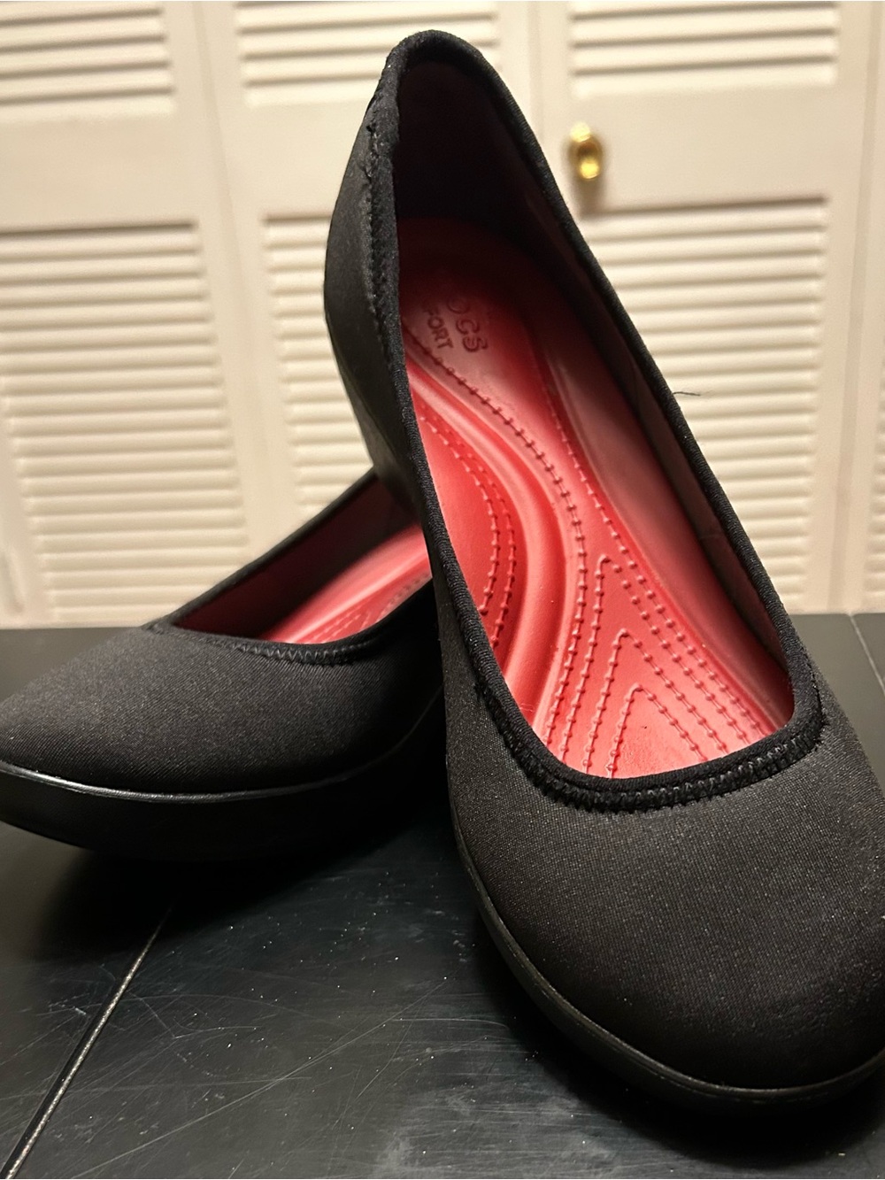 CROCS Black Flats with Bright Pink Insole